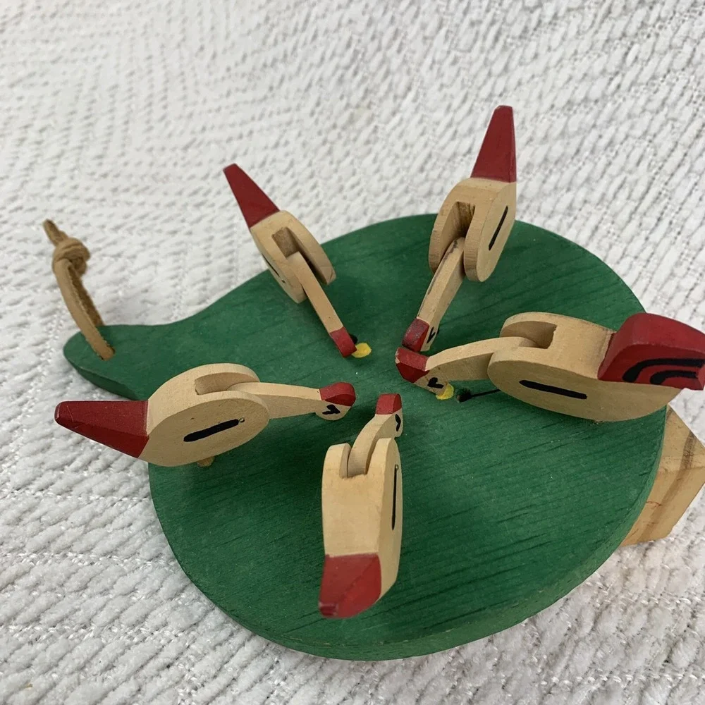 Folk Art Hand Painted Wooden Handmade Vintage Pecking Chickens Motion Paddle Toy